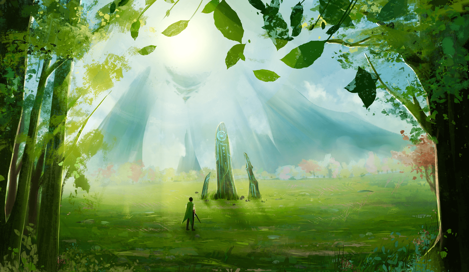 A lone wanderer before a glowing monolith deep in a luminescent forest